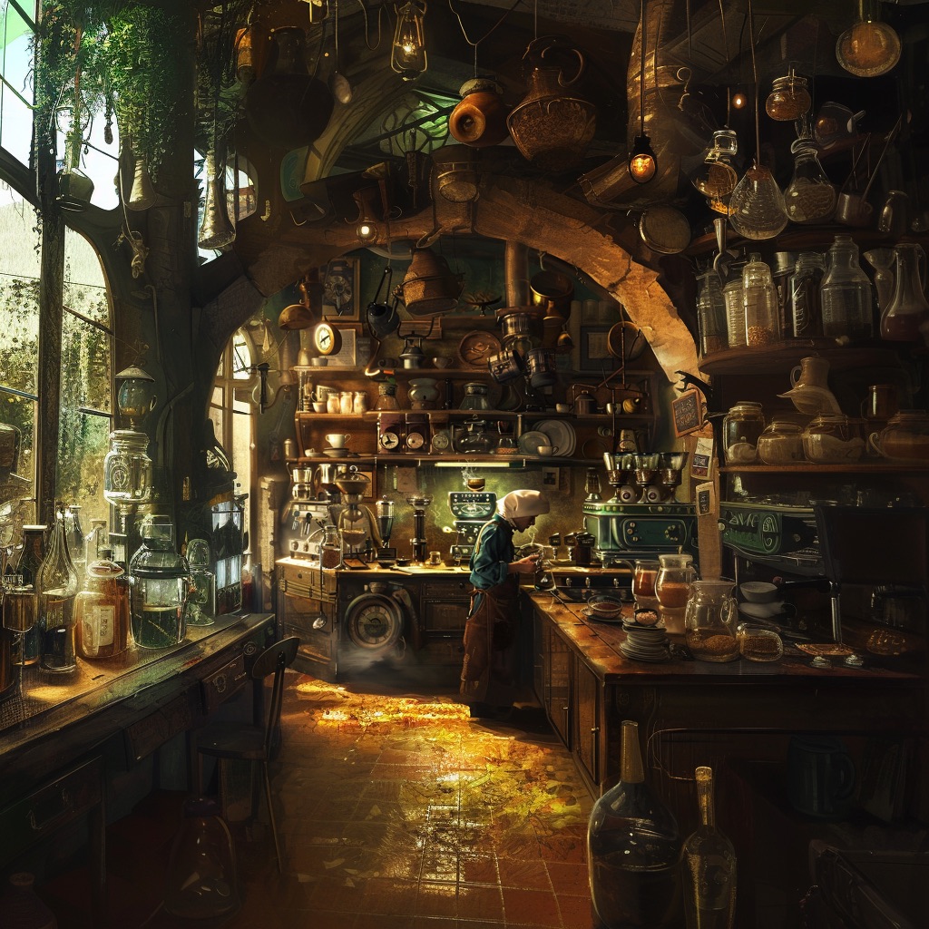 The Temple apothecary: a keeper at work amid shelves of jars, kettles, grinders, and gleaming brewing engines