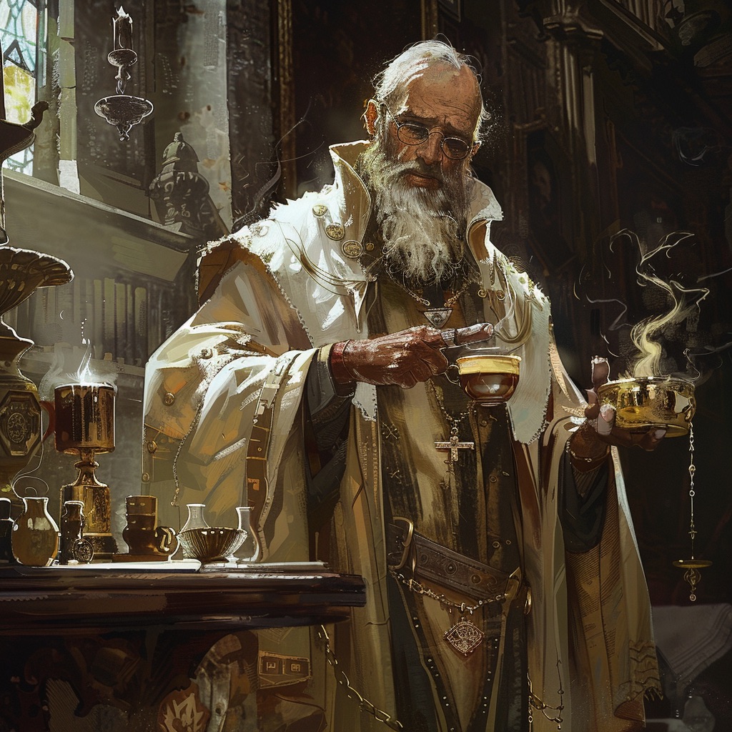 A white-robed cleric of the Temple raising two golden cups, steam curling upward