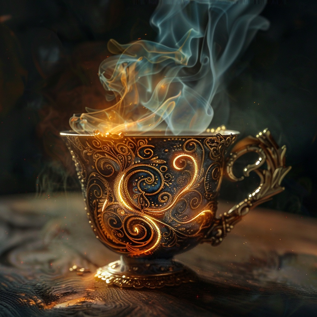 An ornate gilded cup glowing from within, steam curling above it in the dark