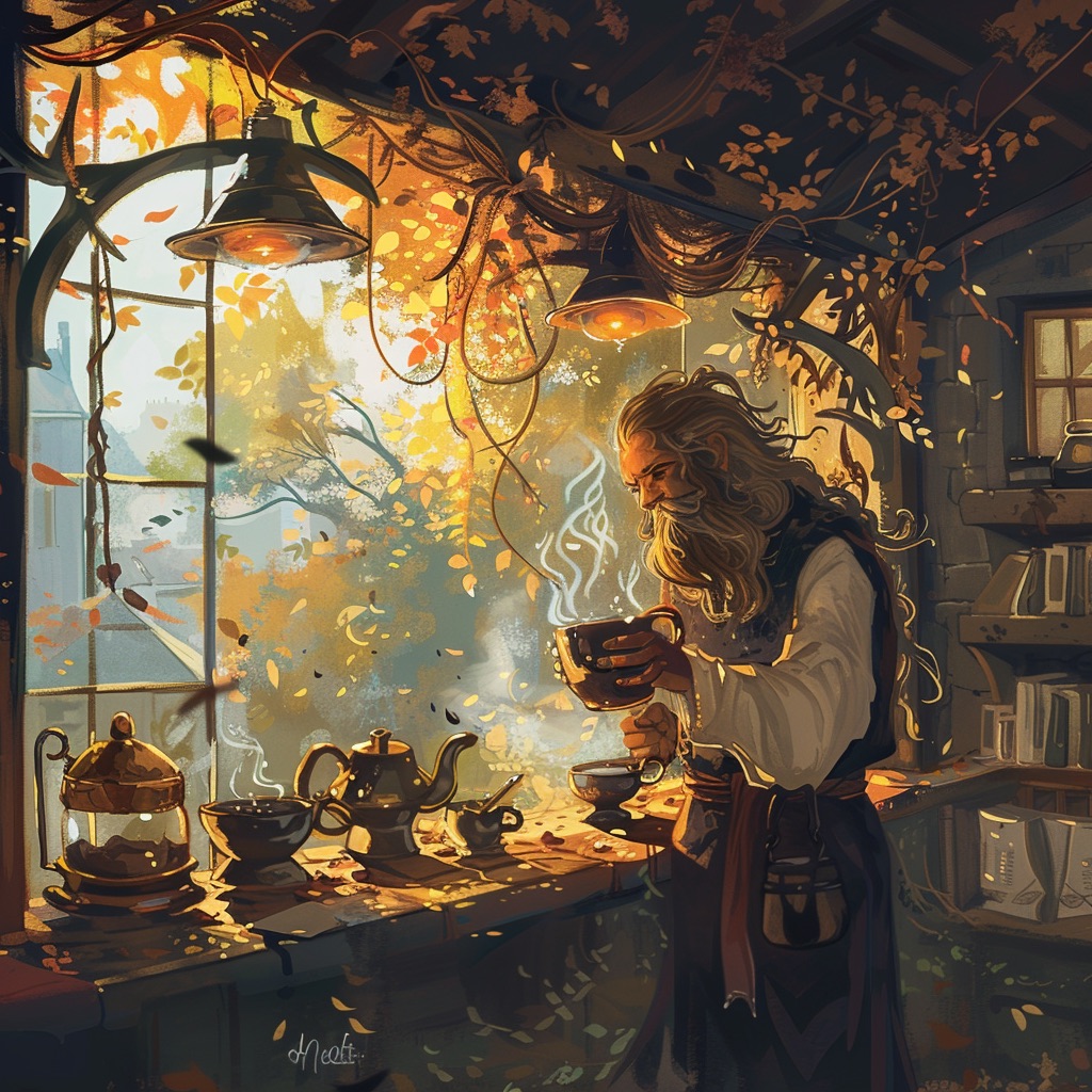 A long-bearded brewer lifting a steaming cup at a golden autumn window, kettles arrayed before him