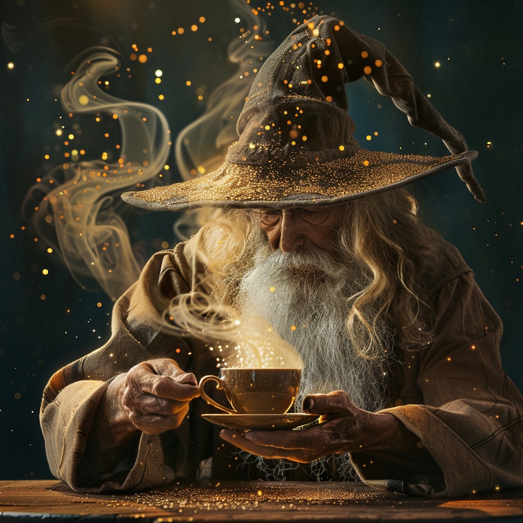 Whiskey the Arch-Coffeemancer bowed over a steaming cup, gold dust drifting from his wide-brimmed hat